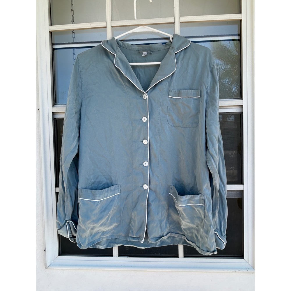 Lilysilk 100% Mulberry Silk Pajama Top 22mm Blue Long Sleeve Button Down Medium